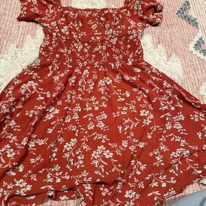 Peasant cottage core orange Red Dress with White Floral Design XS